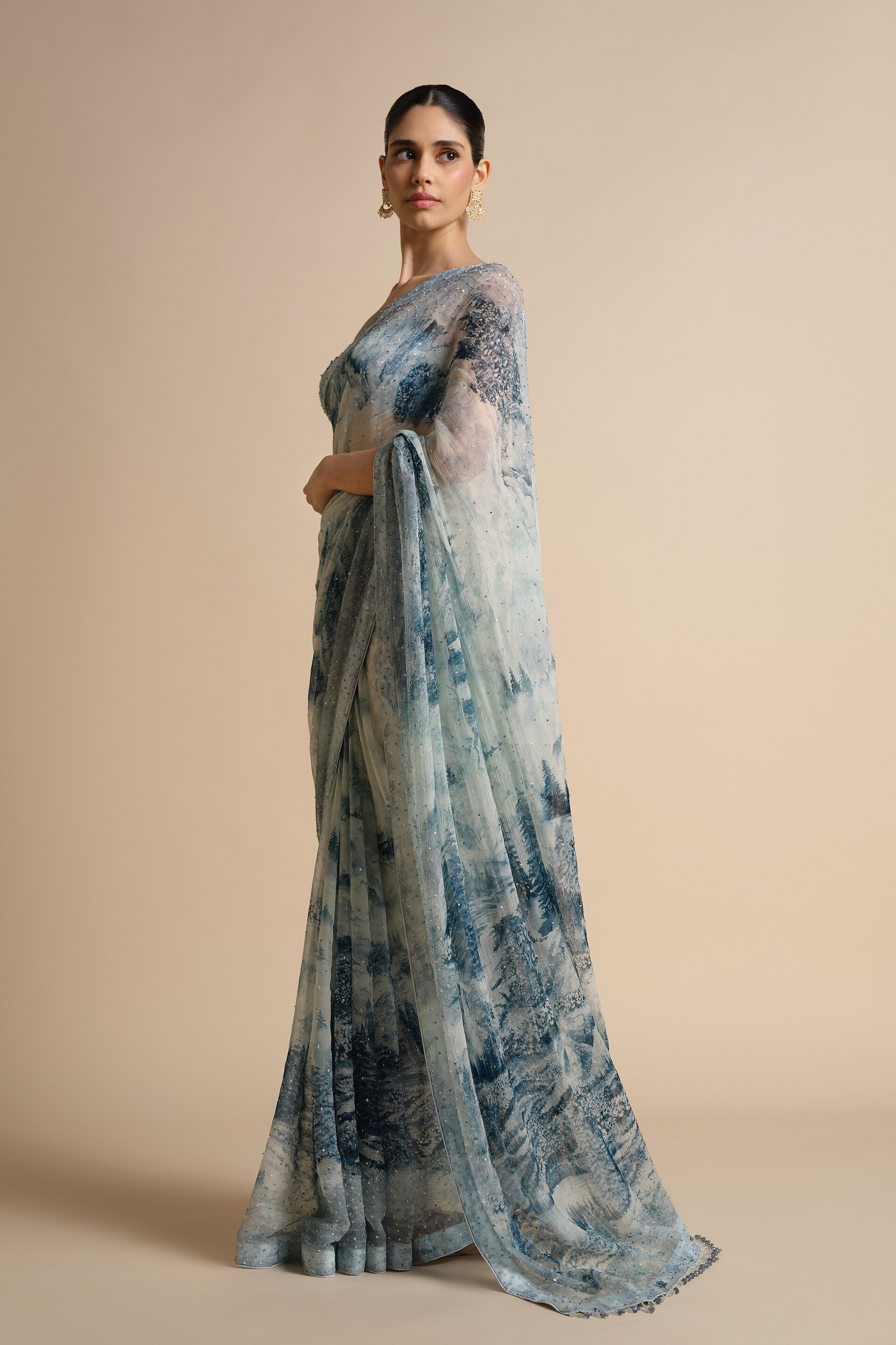 Morava Sequin Chiffon Saree - Powder Blue, Powder Blue, image 8